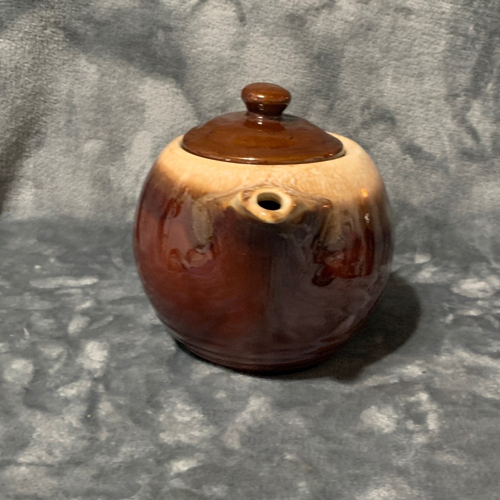 McCoy Vintage Teapot MCM Brown Cream Drip Glaze Ceramic Cottagecore RusticEUC - Picture 6 of 16